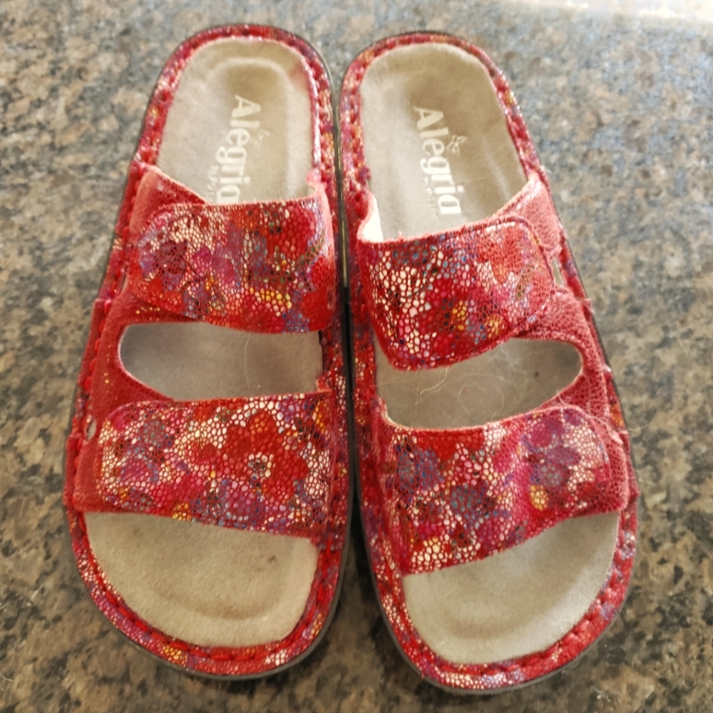 Alegria Red Leather Slide On Sandals